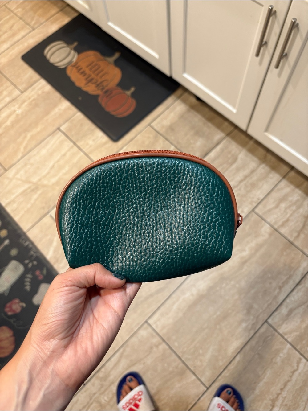 Teal Pebbled Leather Zip Pouch with Brown Trim
